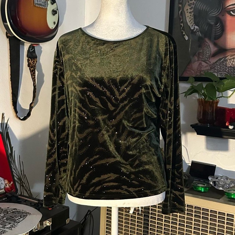 Elegant Velvet Long Sleeve Top - Green